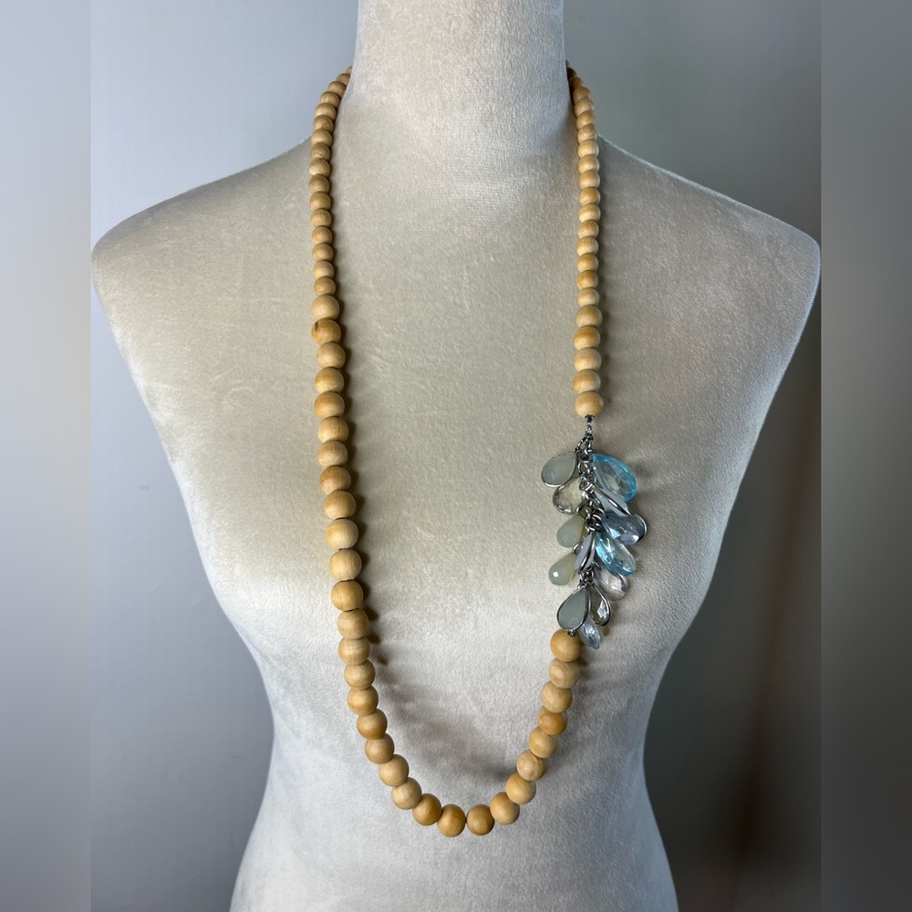 Necklace Wooden Bead Crystal Glass Aqua Stones Long  EUC